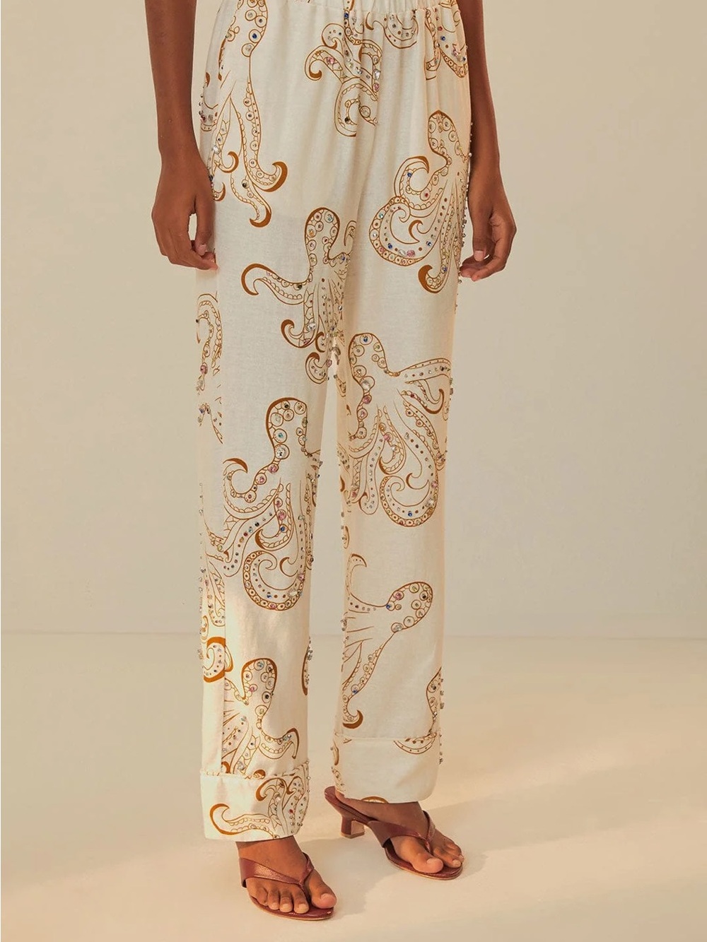 EUC Farm Rio Cream Printed Wide-Leg Pants with Octopus Motif Sz S